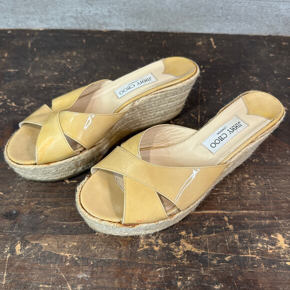 Jimmy Choo Beige Patent Leather Wedge Sandals US Size W10 - Picture 3 of 15